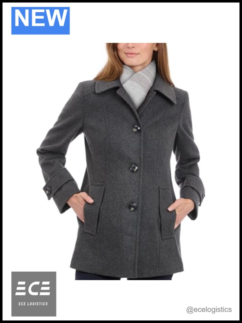 Wool Blend Pea Coat with Plaid Scarf Belted Winter Dress Coat